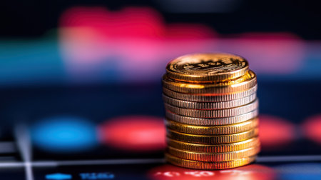 A vibrant and dynamic stock photo featuring a stack of coins against a colorful blurred background. This image captures themes of finance, investment, and economic growth.の素材