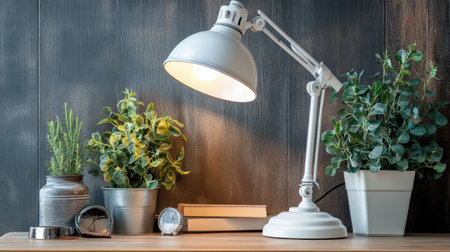 A stylish desk lamp casts warm light over potted plants and books on a wooden surface, creating a cozy and inviting workspace atmosphere. Perfect for modern interiors!の素材