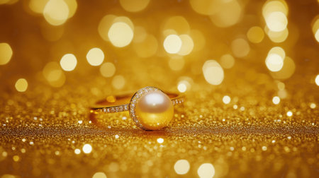 This stunning image showcases an elegant gold ring adorned with a lustrous pearl and sparkling diamonds, set against a warm, shimmering bokeh backdrop. Perfect for jewelry enthusiasts.の素材
