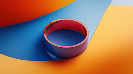 This image showcases a minimalistic geometric composition featuring a colorful circle amidst vibrant curved backgrounds, exuding modern artistic elegance.の素材