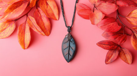 This image showcases a beautiful leaf pendant necklace beautifully resting among vibrant autumn leaves against a soft pink background, creating a stunning visual contrast.の素材