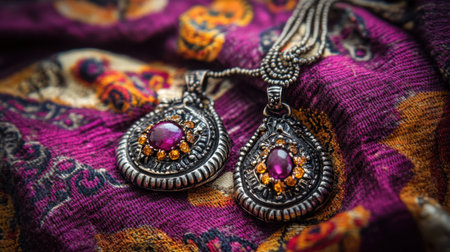 This stunning close-up image showcases a pair of exquisite silver jewelry pieces adorned with colorful gemstones, resting on rich textile fabric. Ideal for conveying elegance and artistry.の素材