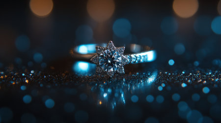 Captivating star-shaped diamond engagement ring shines brightly against a soft-focus sparkling background, embodying elegance and beauty perfect for any romantic occasion.の素材