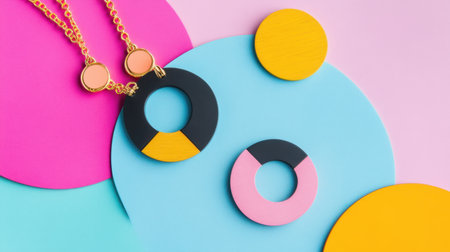This colorful jewelry design features bold geometric shapes and vibrant colors on a playful backdrop, ideal for fashion and artist showcases.の素材