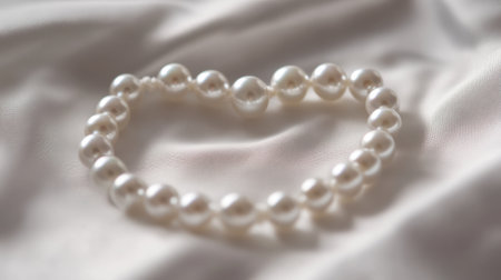 A beautifully crafted white pearl bracelet delicately rests on a soft silk background, exuding elegance and timeless sophistication, perfect for any occasion.の素材