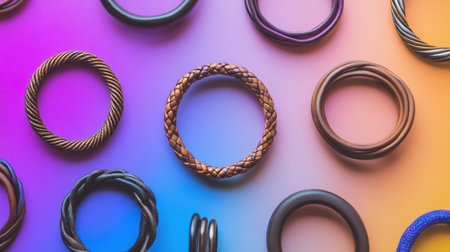 A vibrant collection of assorted hair ties displayed against a colorful gradient background, showcasing various styles and textures ideal for fashion imagery.の素材