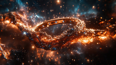 A stunning cosmic ring floats gracefully amidst a backdrop of vibrant galaxies and sparkling stars, embodying luxury and imagination in space.の素材
