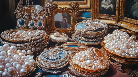 This stunning arrangement showcases vintage jewelry, featuring exquisite pearls and ornate brooches set against an artistic backdrop. Rich in detail and elegance, the display encapsulates timeless beauty and luxurious craftsmanship, perfect for any collection or decor.の素材
