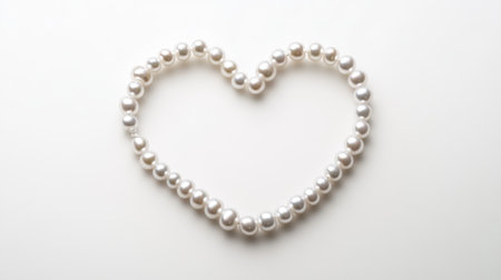 This stunning image features an elegant heart shape intricately formed with beautiful white pearls against a minimalist background. Perfect for themes of love, romance, and luxury, it showcases the beauty and craftsmanship of classic jewelry design.の素材