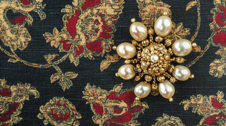 This image showcases a stunning pearl and gold brooch displayed against an ornate floral-patterned fabric background, perfect for fashion and jewelry themes.の素材