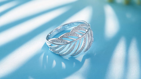 This stunning silver ring features a graceful leaf design adorned with sparkling gemstones. Set against a soft blue background, it radiates elegance and charm, perfect for any occasion.の素材