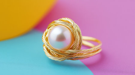 This stunning pearl ring features a unique golden wire design, beautifully contrasting against a vibrant pink and blue backdrop, perfect for fashion lovers.の素材