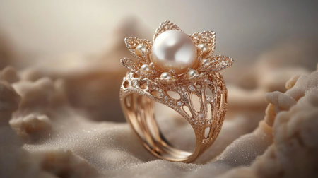 This stunning pearl ring features an intricate floral design, capturing elegance and luxury. Perfect for showcasing in jewelry collections or as a gift.の素材