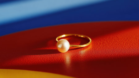 A beautiful gold ring featuring a single pearl showcases elegance and simplicity against a vibrant background, perfect for jewelry photography.の素材