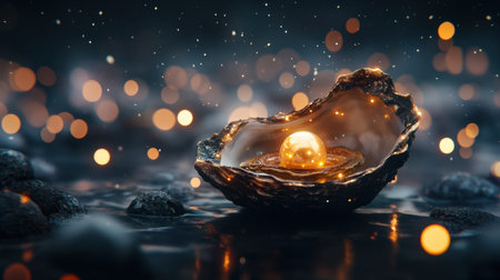 A stunning close-up of a golden pearl nestled in a beautiful oyster shell, surrounded by a dreamy bokeh background, creating an enchanting atmosphere.の素材