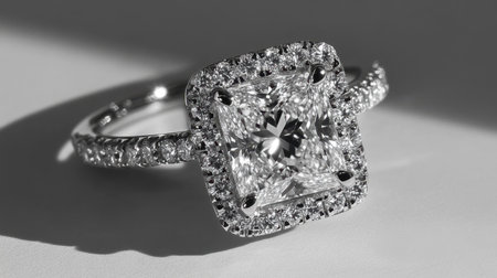 This stunning diamond engagement ring, showcased in black and white, reveals intricate details and shimmering accents that embody elegance and beauty.の素材