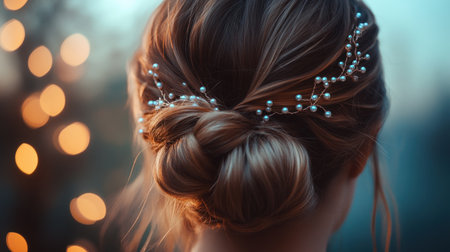 A stunning view of a woman's elegant updo adorned with pearls and surrounded by soft background lights, ideal for bridal or formal occasions.の素材