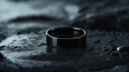 A sleek black wedding ring sits gracefully on a wet dark stone surface, capturing reflections and showcasing modern elegance. Perfect for romantic themes.の素材
