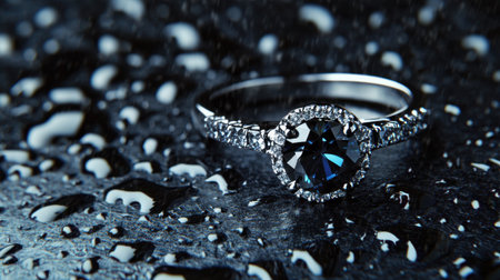This stunning close-up image captures an elegant silver ring featuring a dark gemstone, gracefully placed on a textured surface adorned with water droplets.の素材