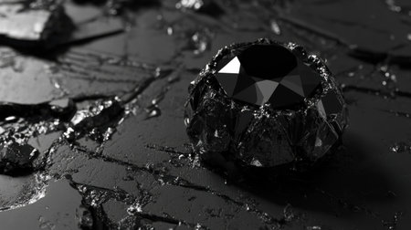 A captivating black gemstone sits elegantly against a textured dark background. The intricate facets reflect light, creating a stunning visual contrast. This artistic composition highlights luxury and beauty.の素材