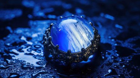 A captivating close-up of a blue gemstone ring showcasing shimmering reflections, intricate silver detailing, and a sophisticated design on a wet surface.の素材