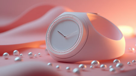 This image features an elegant and minimalist watch resting on soft pink fabric, surrounded by shimmering pearls. The gentle lighting enhances the modern design, making it a perfect accessory for fashion-forward individuals.の素材