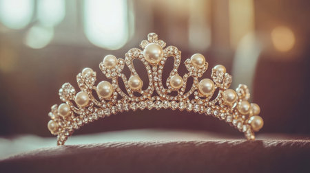 Close-up view of an elegant tiara adorned with pearls and sparkling crystals. This luxurious accessory is perfect for weddings, proms, or special occasions.の素材