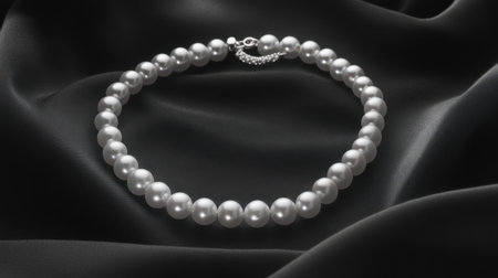 Stunning pearl necklace displayed on rich black satin fabric. This piece captures the essence of elegance and sophistication in jewelry design. Perfect for fashion photography.の素材