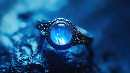 This striking image features an elegant silver ring adorned with a captivating blue gemstone, set against a dark, textured background, evoking beauty and intrigue.の素材