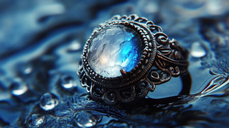 This striking vintage ring showcases a large moonstone encircled by intricate metalwork, beautifully reflecting light against a wet backdrop.の素材
