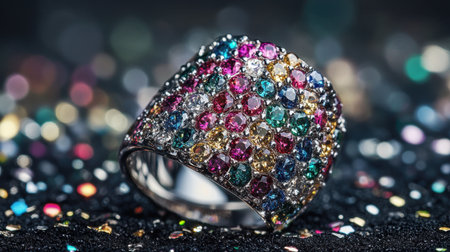 A stunning multicolored gemstone ring adorned with vibrant stones, resting on a shimmering surface that enhances its beauty in a glitzy bokeh setting.の素材