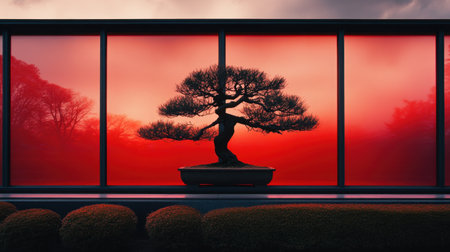 A striking bonsai tree silhouette stands against a vibrant sunset, framed by glass panels, creating a serene garden scene that exudes tranquility and beauty.の素材
