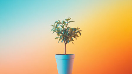 A beautiful indoor potted plant featuring lush green leaves in a sleek ceramic pot, set against a captivating orange and blue gradient background.の素材