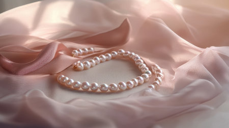 A serene arrangement featuring elegant pearl jewelry laid on soft pink fabric, complemented by a delicate ribbon, ideal for fashion or romantic themes.の素材
