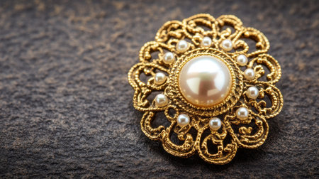 This stunning vintage brooch features a central shimmering pearl beautifully framed by intricate golden filigree and delicate small pearls. Perfect for adding elegance.の素材