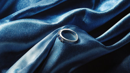 A stunning silver ring featuring blue stones elegantly displayed on rich satin fabric. This image captures the beauty of luxury jewelry in a vibrant blue setting.の素材