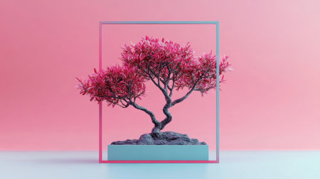 A striking display of a pink bonsai tree framed in minimalist design against a soft pastel background, showcasing natureの素材