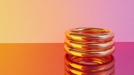 This striking image features a series of golden rings meticulously stacked, reflecting elegance and sophistication against a soft gradient backdrop, embodying modern jewelry design.の素材