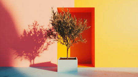 A stunning display of a modern olive tree in a pot against a striking pink and orange backdrop, creating a vibrant and serene atmosphere in any indoor space.の素材