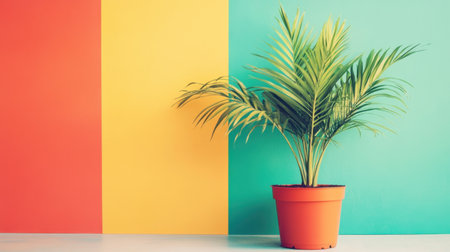 A stylish indoor plant placed in an orange pot against a vibrant pastel wall. This scene captures a modern and cheerful ambiance, perfect for home decoration and interior design inspiration.の素材