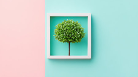 A vibrant green tree is beautifully framed in a white box against a pastel background of pink and blue colors, offering a serene and modern aesthetic.の素材