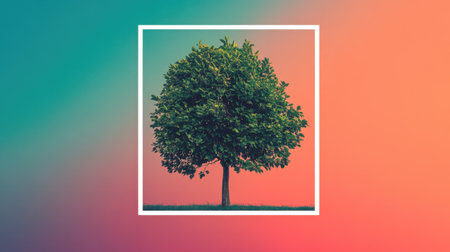 A vibrant green tree stands alone on a soft, colorful background, symbolizing growth, tranquility, and the beauty of nature. Perfect for wellness themes.の素材