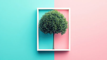This striking image showcases a vivid tree displayed in a minimalist frame, set against a split background of pink and blue, evoking creativity and freshness.の素材