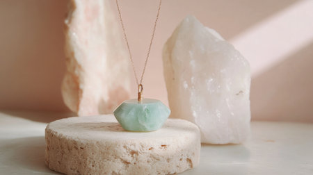 A beautiful green gemstone pendant necklace rests on a natural stone display. Soft natural light enhances the serene atmosphere, perfect for showcasing craftsmanship.の素材