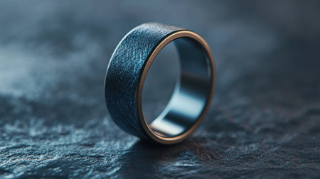 A stunning closeup of an elegant textured ring with a metallic finish. This image highlights the craftsmanship and modern design against a dark background.の素材