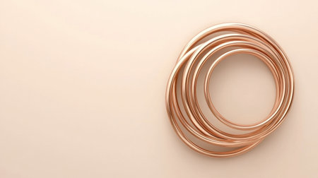 A stunning arrangement of rose gold rings rests on a soft beige background, capturing elegance and modernity. Perfect for concepts of luxury and style.の素材