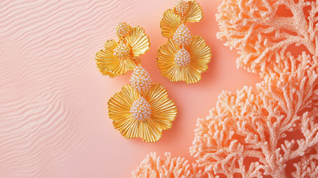 A stunning arrangement featuring gold floral earrings elegantly set against vibrant coral. The soft textured background enhances the luxurious elegance and beauty of the jewelry. Perfect for fashion and accessory photography.の素材