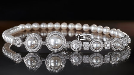 This stunning pearl and diamond bracelet showcases exquisite craftsmanship with its intricate design and lustrous finish, perfect for adding elegance to any outfit.の素材