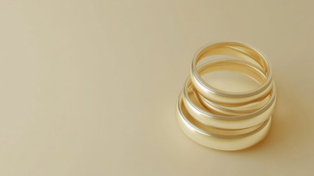 This image features an elegant arrangement of shiny gold rings stacked artistically against a soft neutral background, ideal for promoting jewelry and accessories.の素材