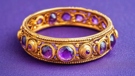 This image showcases a stunning vintage gold bracelet, beautifully adorned with purple gemstones. Set against a rich purple background, it embodies elegance and luxury, perfect for fashion and jewelry enthusiasts.の素材
